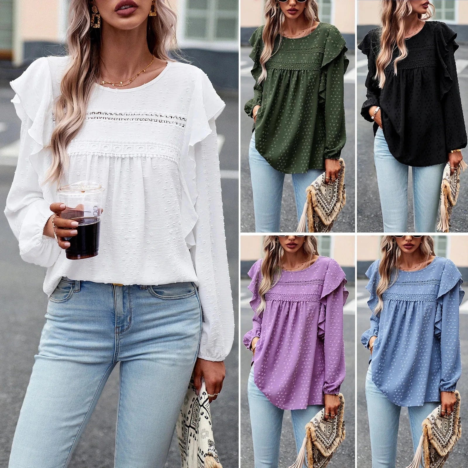 2023 Autumn Winter Temperament Casual Long Sleeved Top Round Neck Ruffled Trim Loose Women Blouse