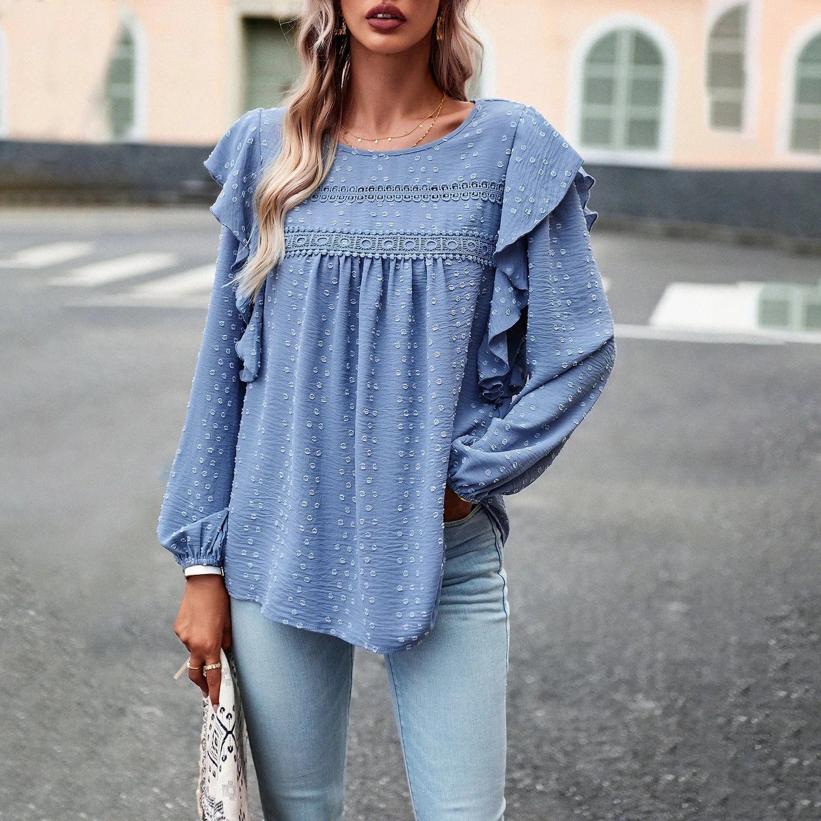 2023 Autumn Winter Temperament Casual Long Sleeved Top Round Neck Ruffled Trim Loose Women Blouse