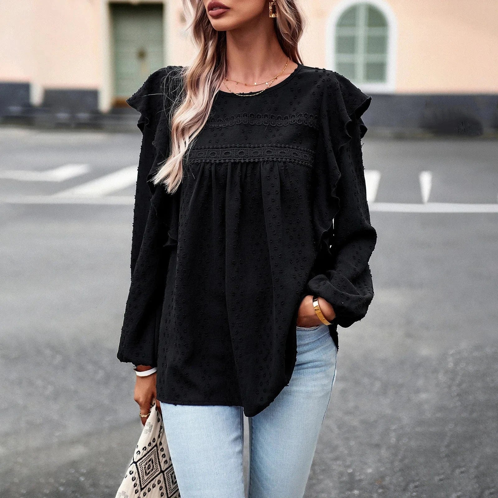2023 Autumn Winter Temperament Casual Long Sleeved Top Round Neck Ruffled Trim Loose Women Blouse