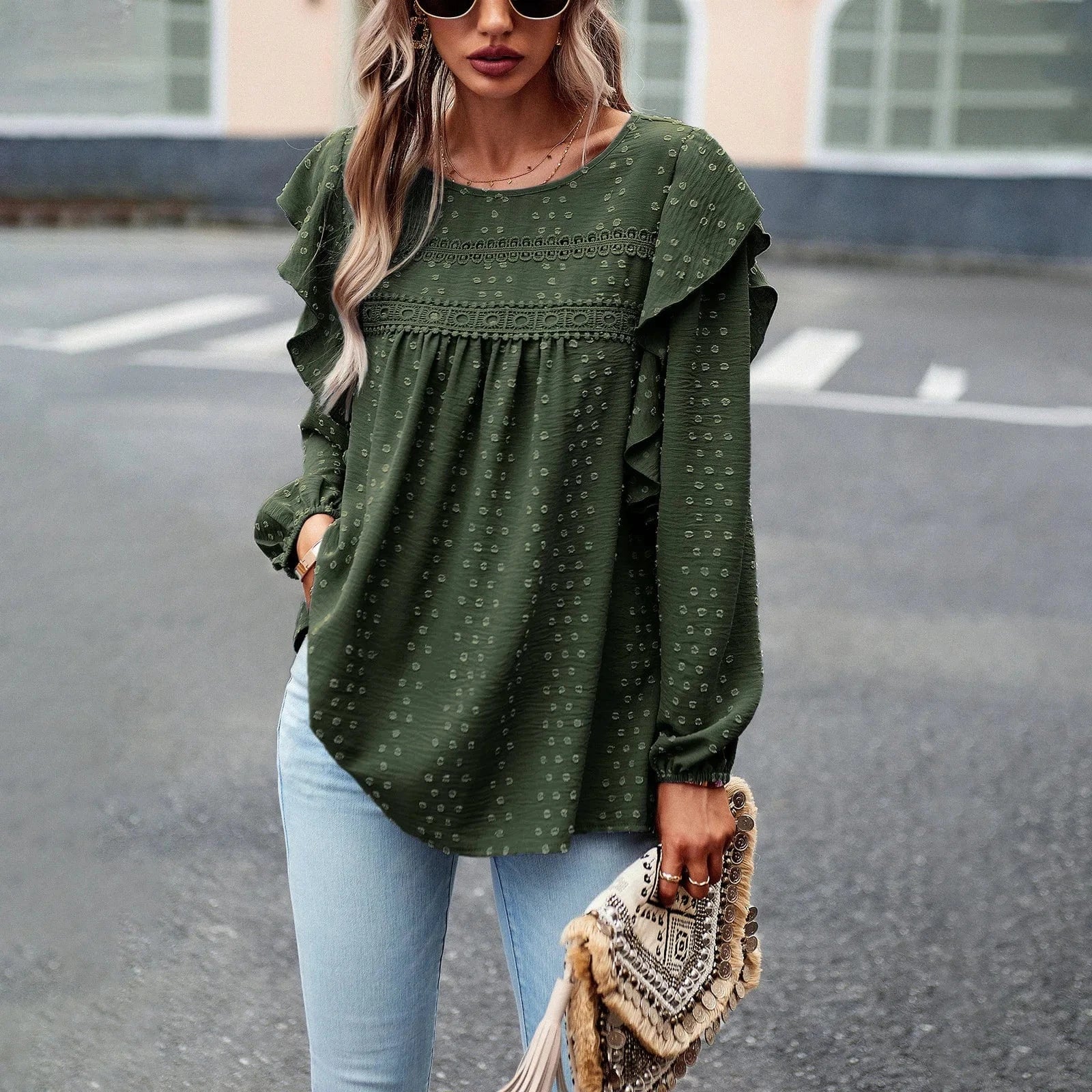 2023 Autumn Winter Temperament Casual Long Sleeved Top Round Neck Ruffled Trim Loose Women Blouse