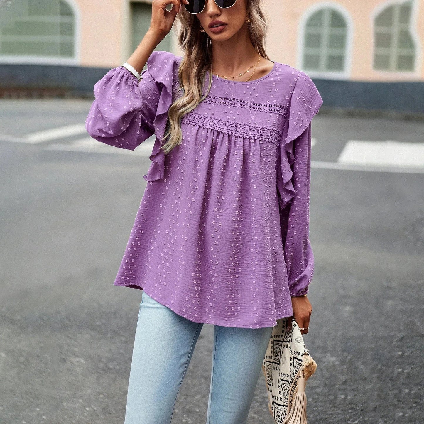 2023 Autumn Winter Temperament Casual Long Sleeved Top Round Neck Ruffled Trim Loose Women Blouse