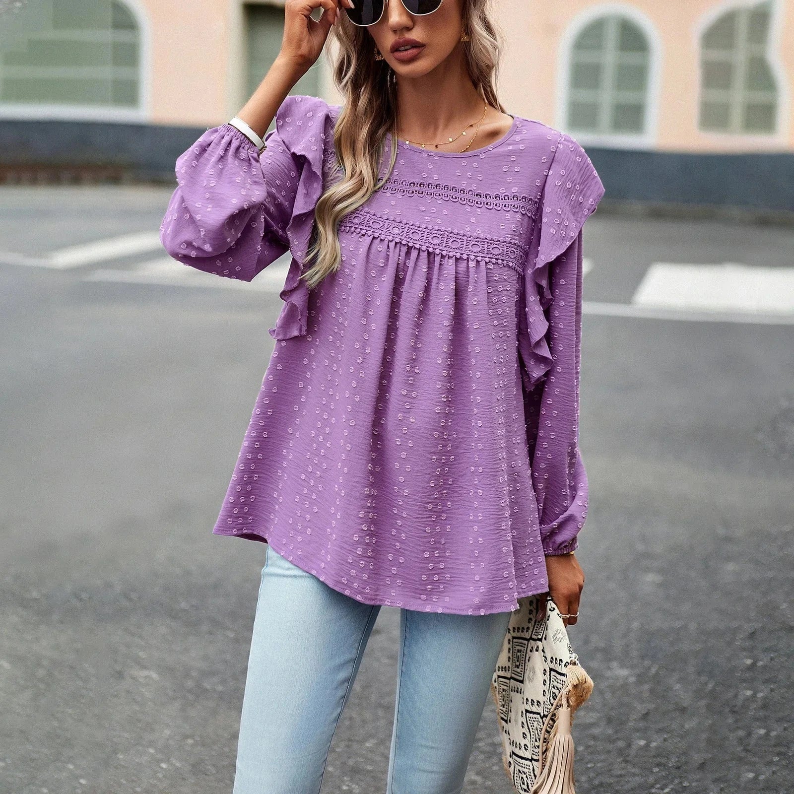 2023 Autumn Winter Temperament Casual Long Sleeved Top Round Neck Ruffled Trim Loose Women Blouse