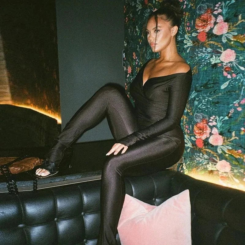 2023 Autumn Women's New Sexy Off Shoulder Long Sleeve Tops Large V-neck High Waist Tight Pants Casual Sports Set