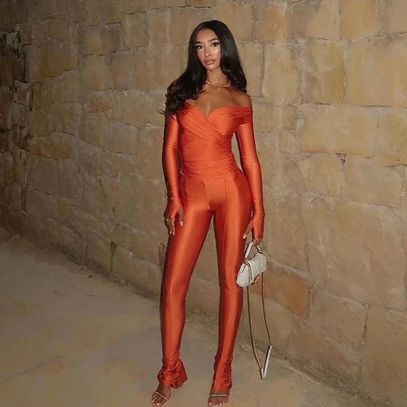 2023 Autumn Women's New Sexy Off Shoulder Long Sleeve Tops Large V-neck High Waist Tight Pants Casual Sports Set