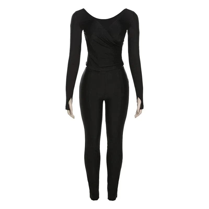 2023 Autumn Women's New Sexy Off Shoulder Long Sleeve Tops Large V-neck High Waist Tight Pants Casual Sports Set