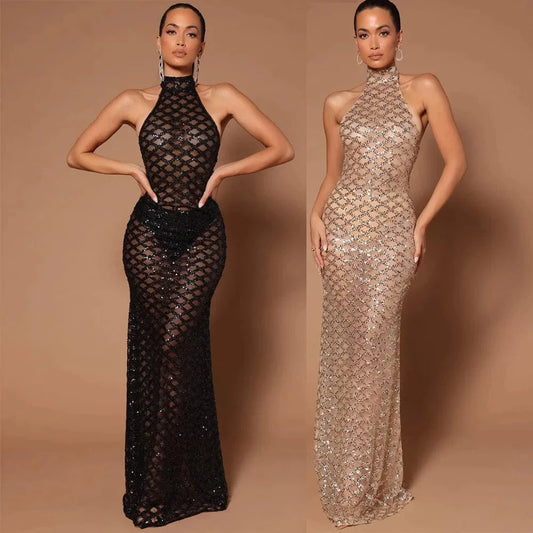 2023 Backless hanging neck solid color prom dresses sequin host fishtail gown modest ball evening dress