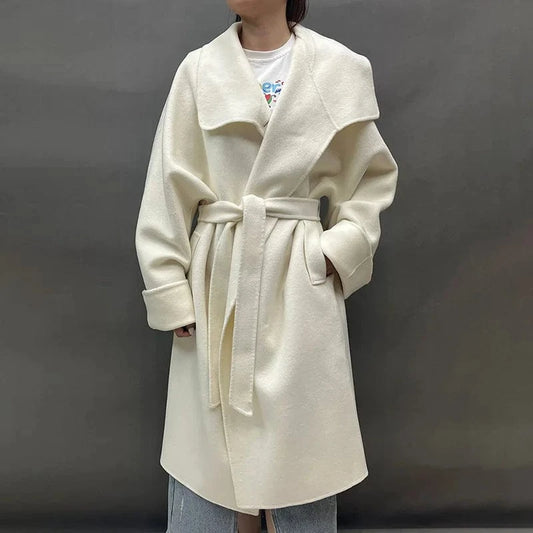 2023 Belted Trench Wool Coat Double Faced Long Sleeve Oversized Cashmere Coat for Women