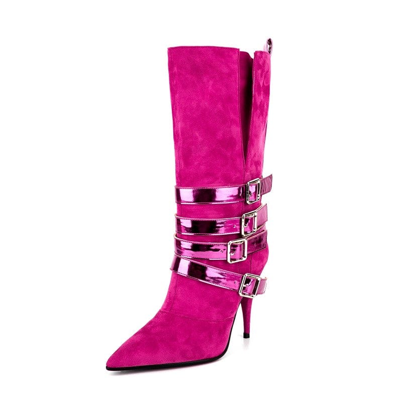 2023 botas de dama Fall Winter Ladies Suede High Heels Long Boots Women Pointy Toe Cone Heel Cross Strap Buckle Mid Calf Boots