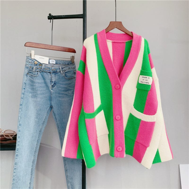 2023 Contrast Color Vertical Stripe Oversized Cardigan Coat Loose Knitted Cardigan Sweater For Ladies