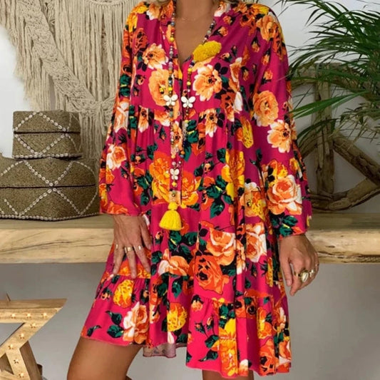 2023 Europe And America Southeast Asia New Casual Fashion Print Long Sleeve Large Size Women's Dress