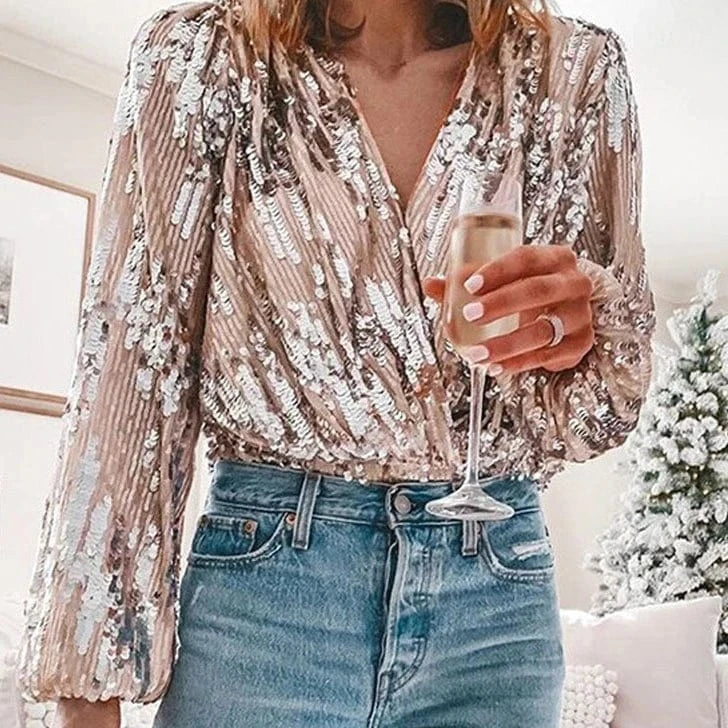 2023 Europe And The United States New Cross-border Women's Fashion Autumn And Winter Sequin V-neck Top