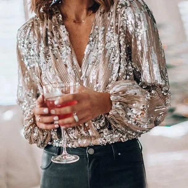 2023 Europe And The United States New Cross-border Women's Fashion Autumn And Winter Sequin V-neck Top