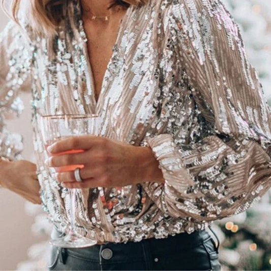 2023 Europe And The United States New Cross-border Women's Fashion Autumn And Winter Sequin V-neck Top