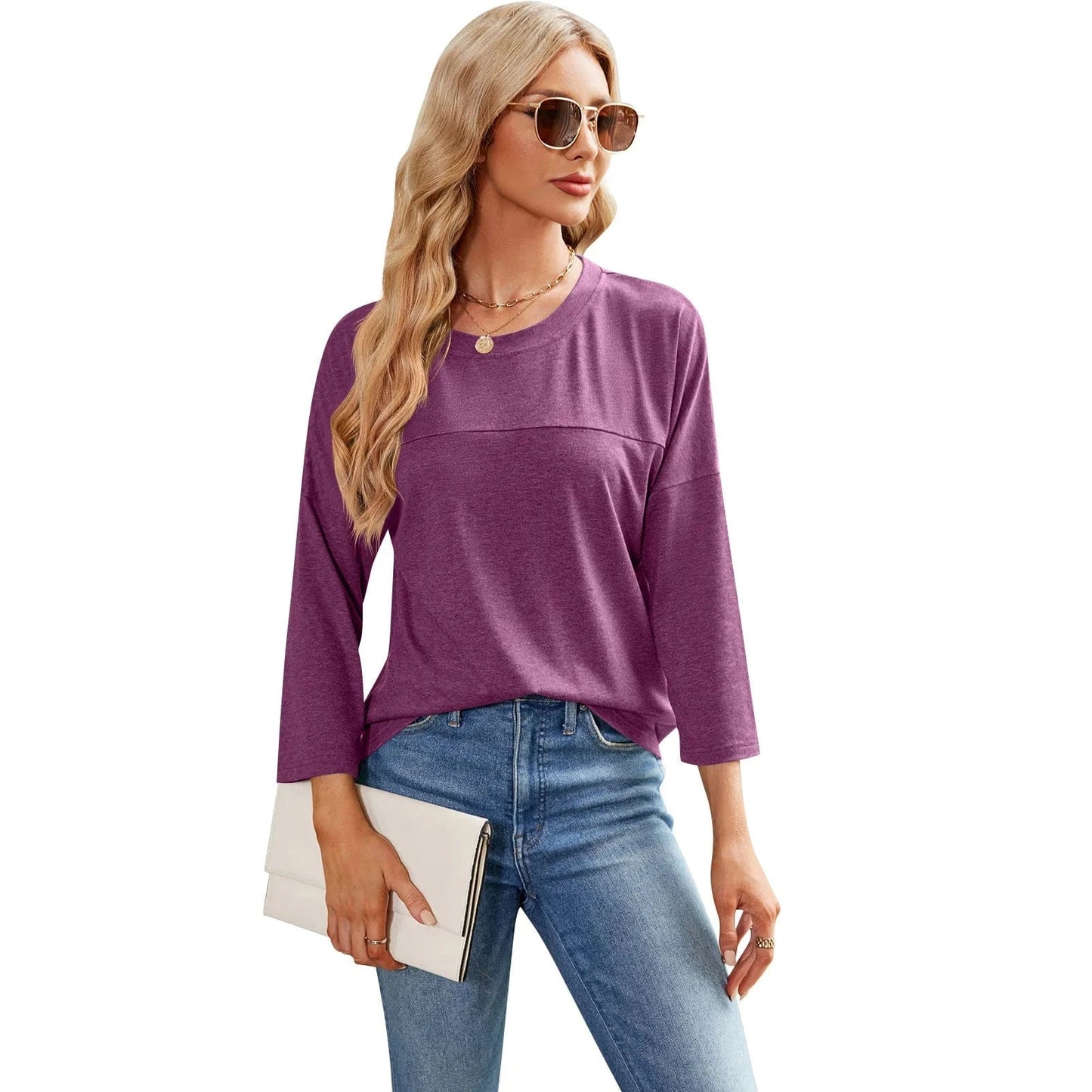 2023 European and American Autumn and Winter new Solid color Women's casual Seven-quarter sleeve round neck loose T-shirt
