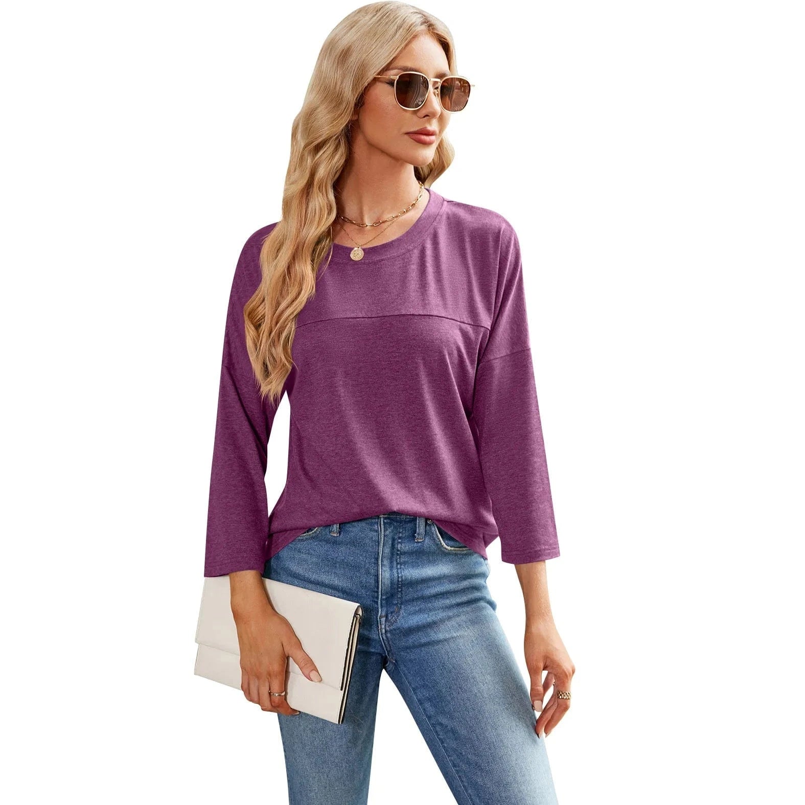 2023 European and American Autumn and Winter new Solid color Women's casual Seven-quarter sleeve round neck loose T-shirt