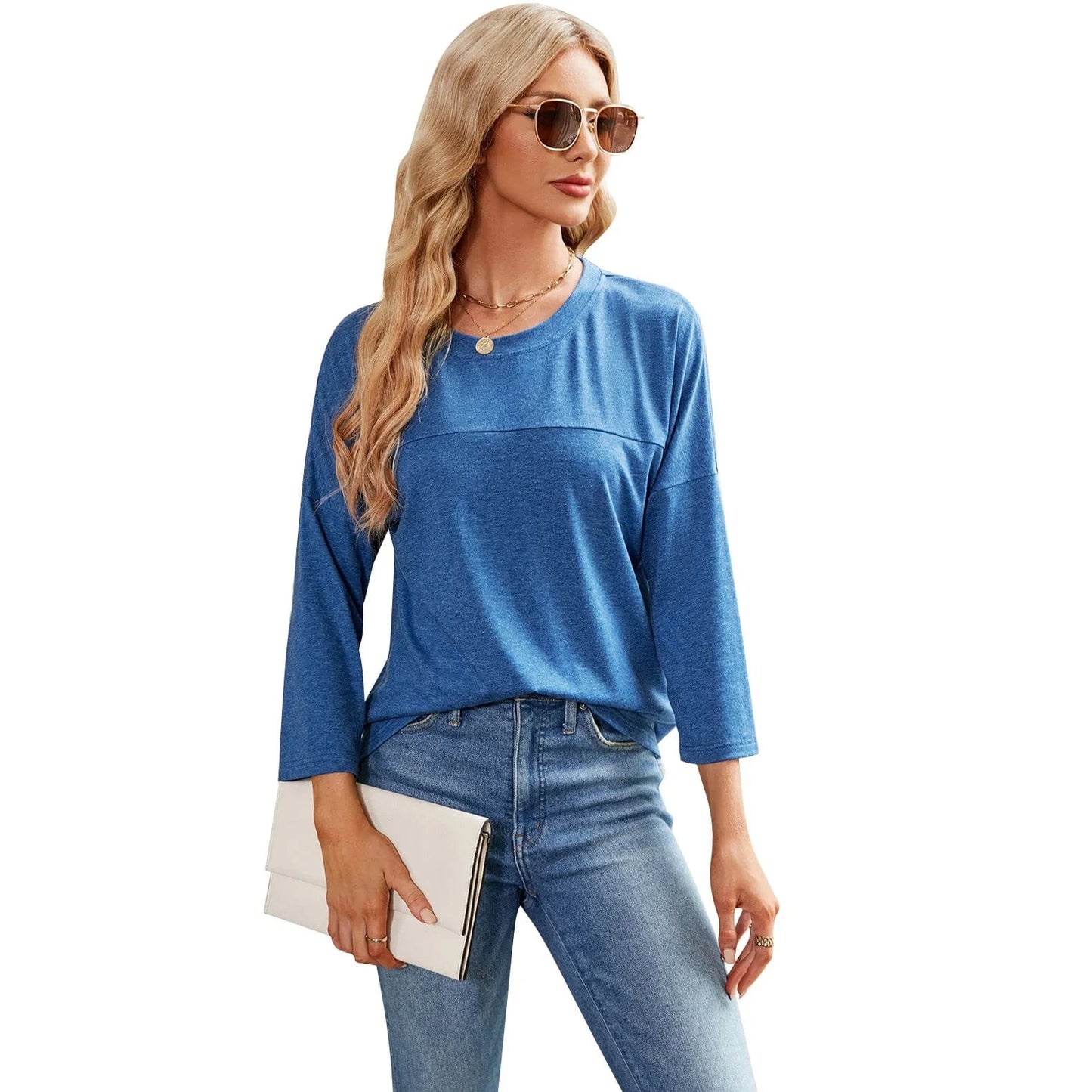 2023 European and American Autumn and Winter new Solid color Women's casual Seven-quarter sleeve round neck loose T-shirt