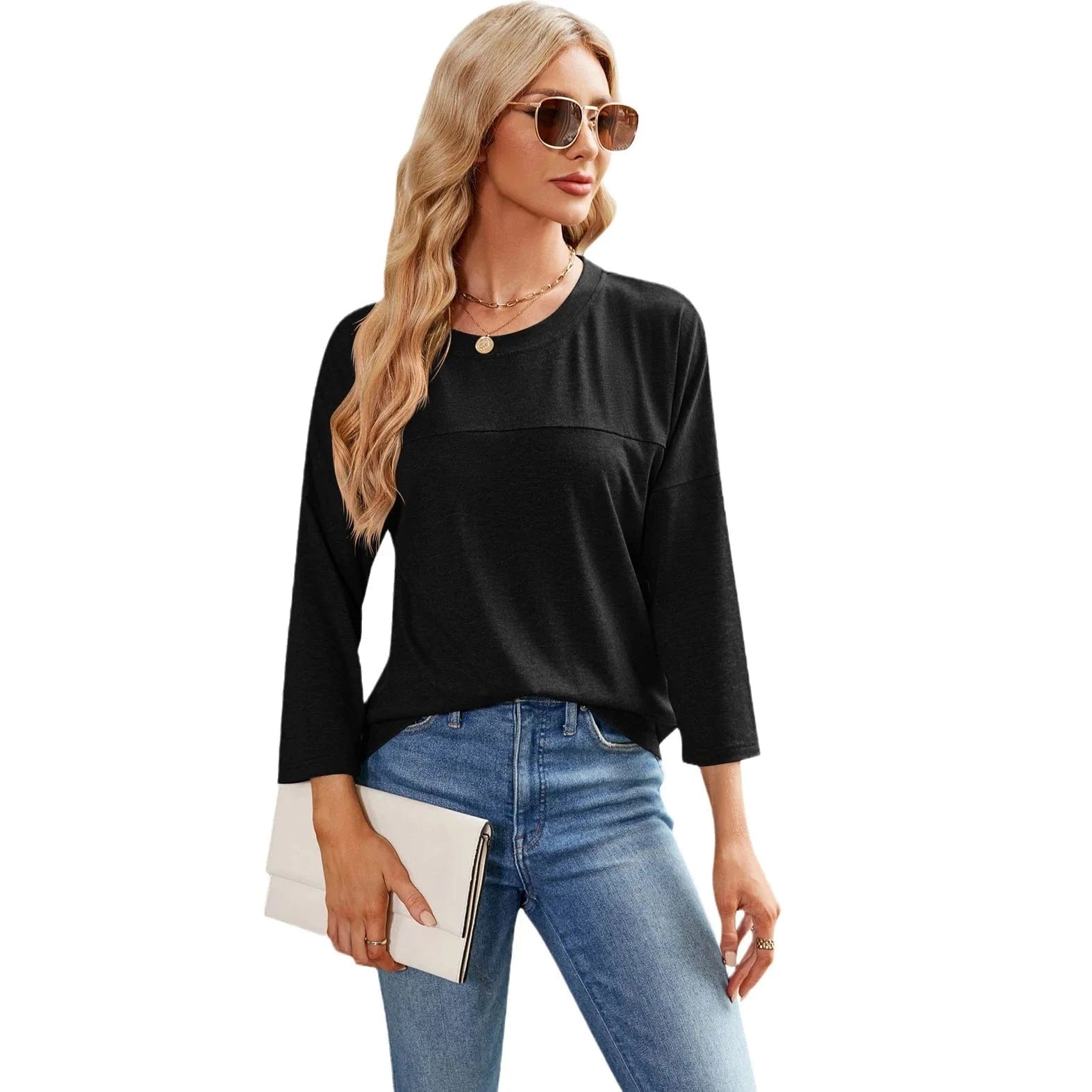 2023 European and American Autumn and Winter new Solid color Women's casual Seven-quarter sleeve round neck loose T-shirt