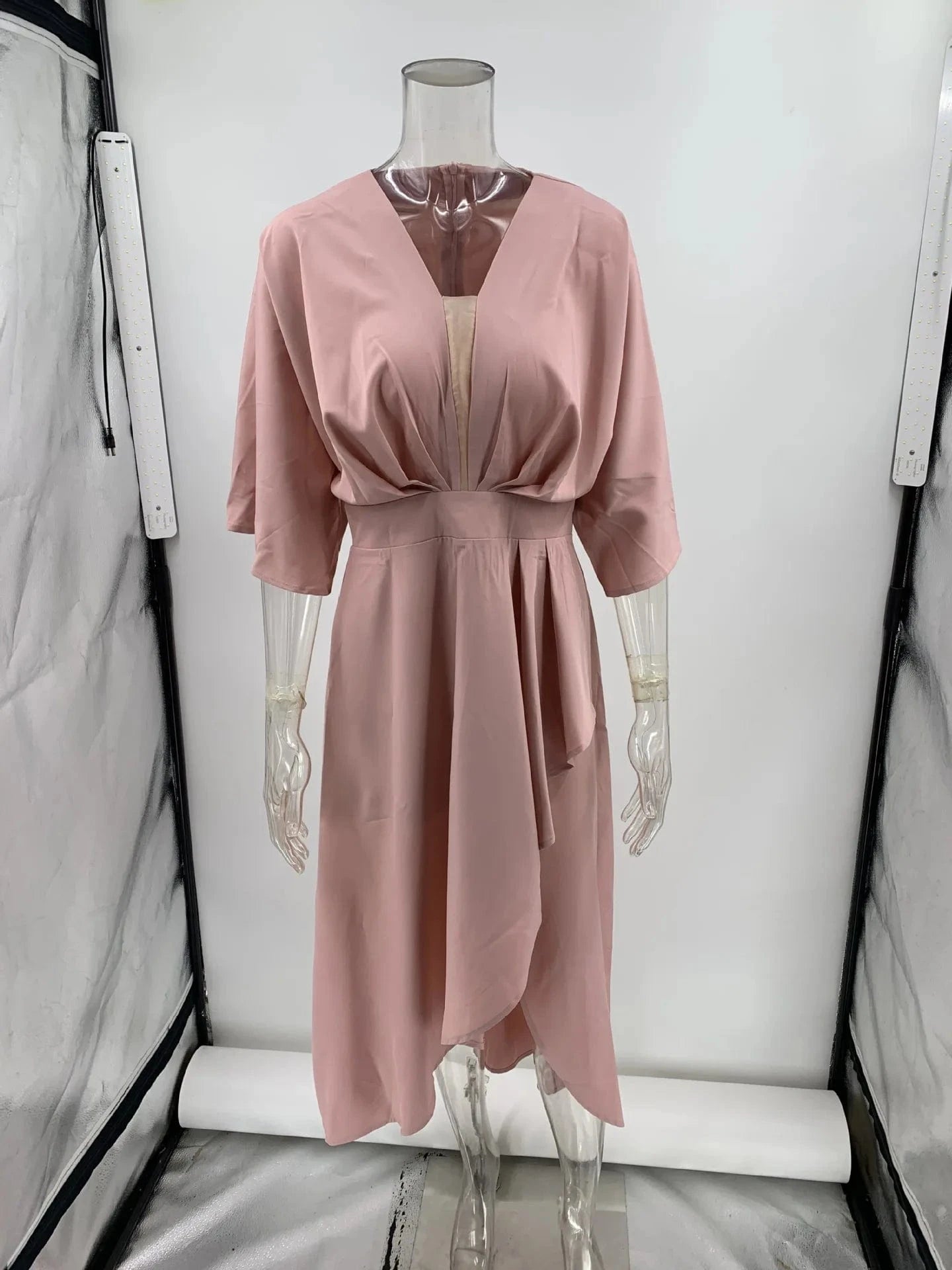 2023 Factory Wholesale Summer Women's Solid Color Five Sleeve High-Waist Dress Lady's V-neck Casual Pullover Irregular Dress