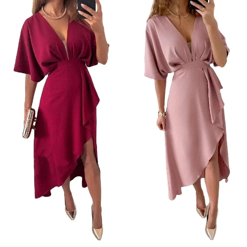 2023 Factory Wholesale Summer Women's Solid Color Five Sleeve High-Waist Dress Lady's V-neck Casual Pullover Irregular Dress