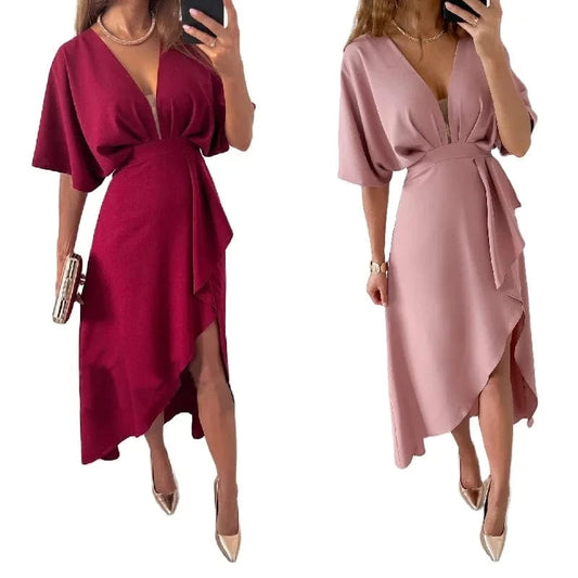 2023 Factory Wholesale Summer Women's Solid Color Five Sleeve High-Waist Dress Lady's V-neck Casual Pullover Irregular Dress