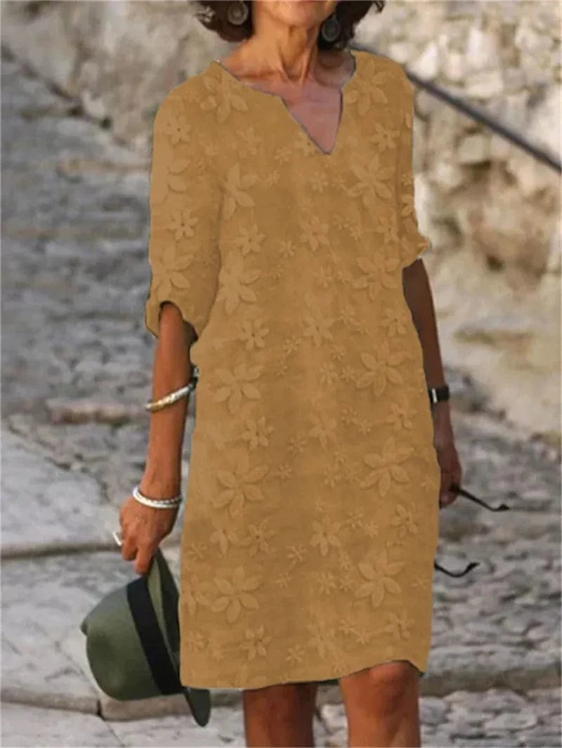 2023 Factory Wholesale Women's Five Sleeve Floral Dress Loose V-Neck Women's Cotton Linen Casual A-line Pullover Dress