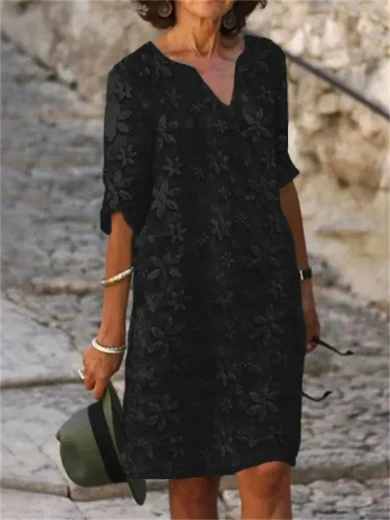 2023 Factory Wholesale Women's Five Sleeve Floral Dress Loose V-Neck Women's Cotton Linen Casual A-line Pullover Dress