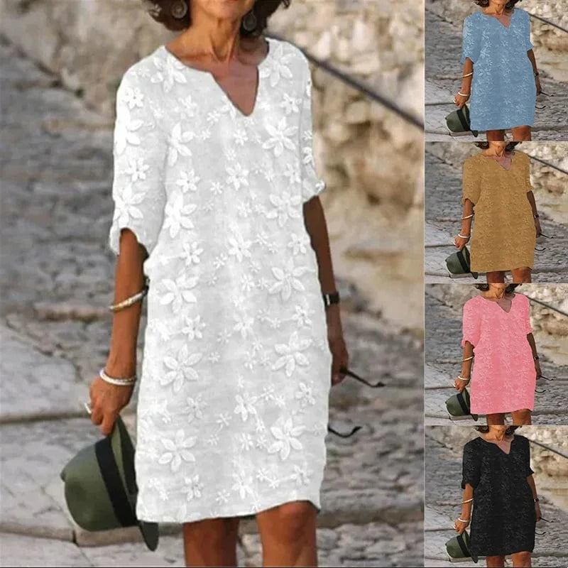 2023 Factory Wholesale Women's Five Sleeve Floral Dress Loose V-Neck Women's Cotton Linen Casual A-line Pullover Dress