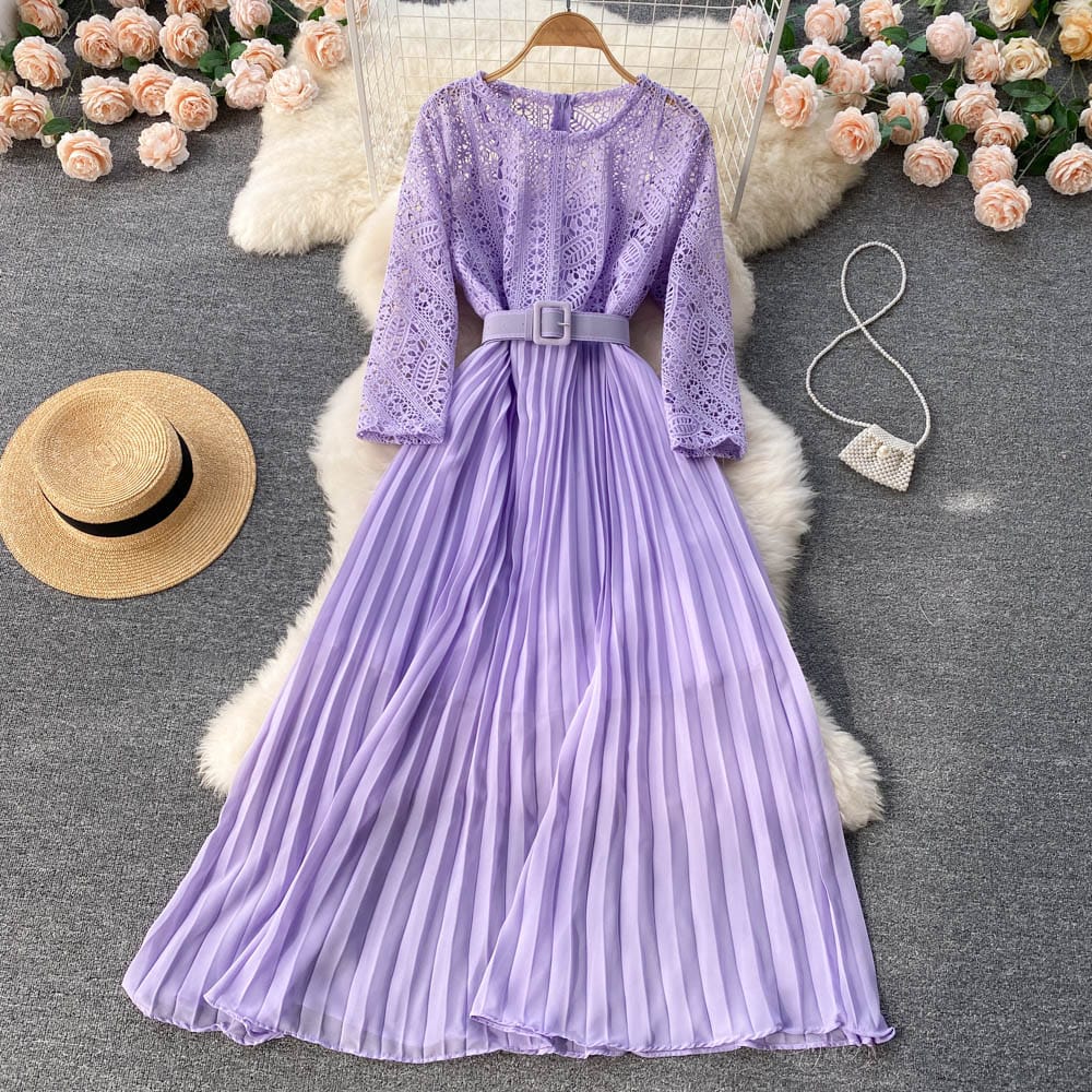 2023 Fashionable Round Collar Hollowed-out Lace Dress High Waist Elegant Casual Dress For Women