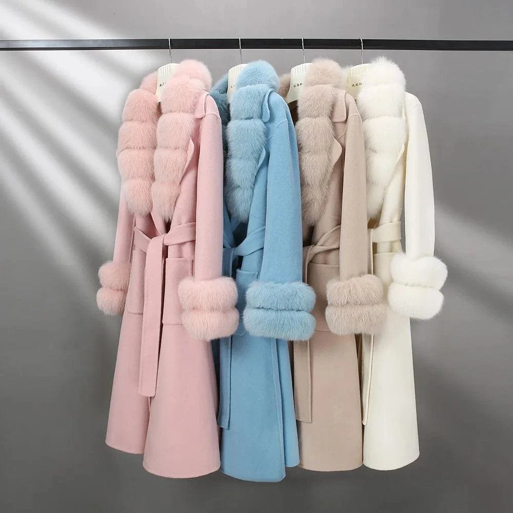 2023 Fashionable Winter Wool Coats With Fox Fur Collar Long Loose Women Wool Coats