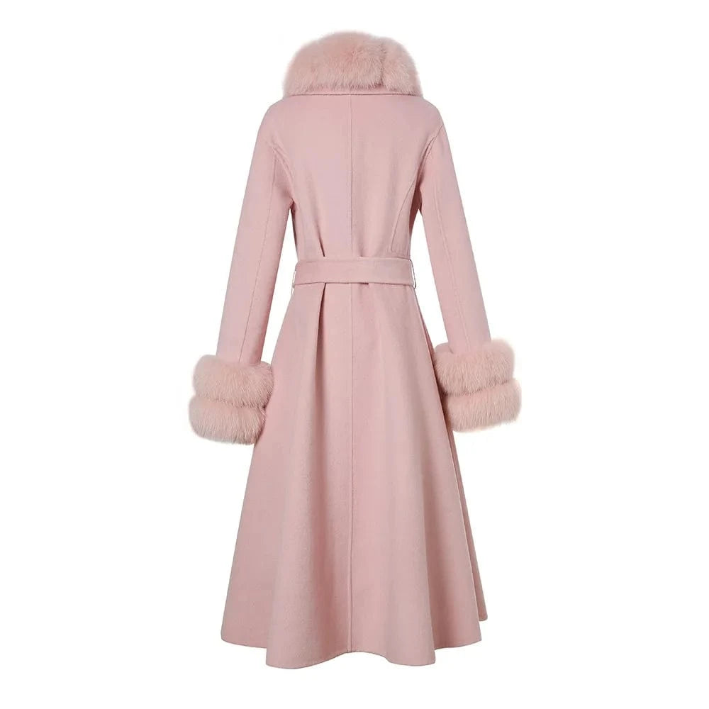 2023 Fashionable Winter Wool Coats With Fox Fur Collar Long Loose Women Wool Coats