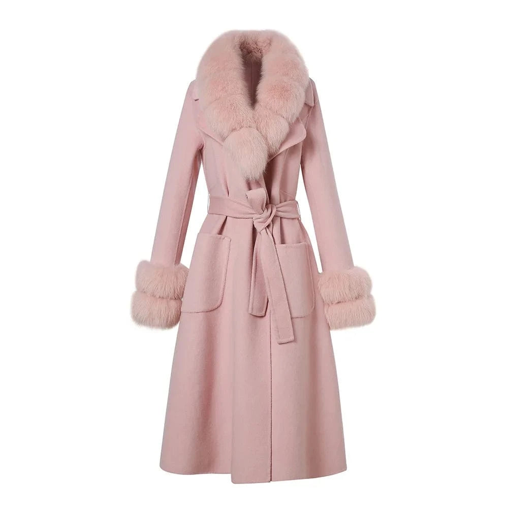 2023 Fashionable Winter Wool Coats With Fox Fur Collar Long Loose Women Wool Coats