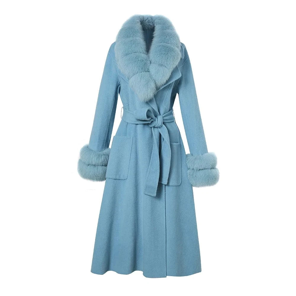 2023 Fashionable Winter Wool Coats With Fox Fur Collar Long Loose Women Wool Coats