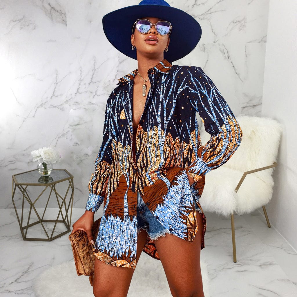 2023 High Quality Casual Floral Print Long sleeve Button Up Tunic Top Turndown Collar Club Long Shirt Womens Blouse Dress S-2XL