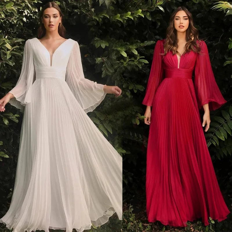 2023 High Quality Women Evening Long Dress Elegant Solid Color Deep V Flare Sleeve Dress Women Fashion Evening Party