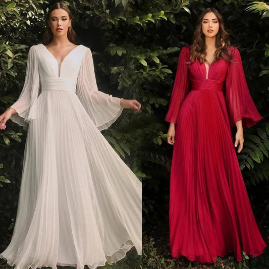 2023 High Quality Women Evening Long Dress Elegant Solid Color Deep V Flare Sleeve Dress Women Fashion Evening Party