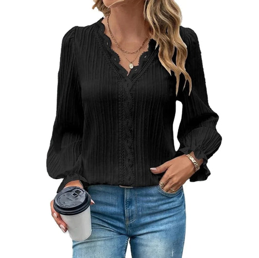 2023 Hot Autumn Long sleeve V-neck Lace Solid color Stitching hollow Women's shirt