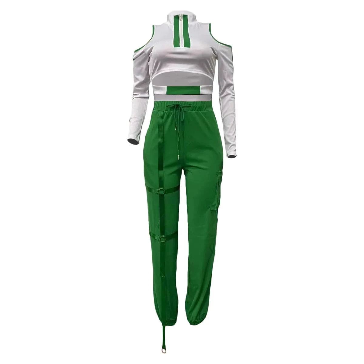 2023 Hot Sale Fall Winter Outfit Women Zip Up Top With Cargo Pants Cold Shoulder Plus Size Cut Out Two Piece Jogging Suit