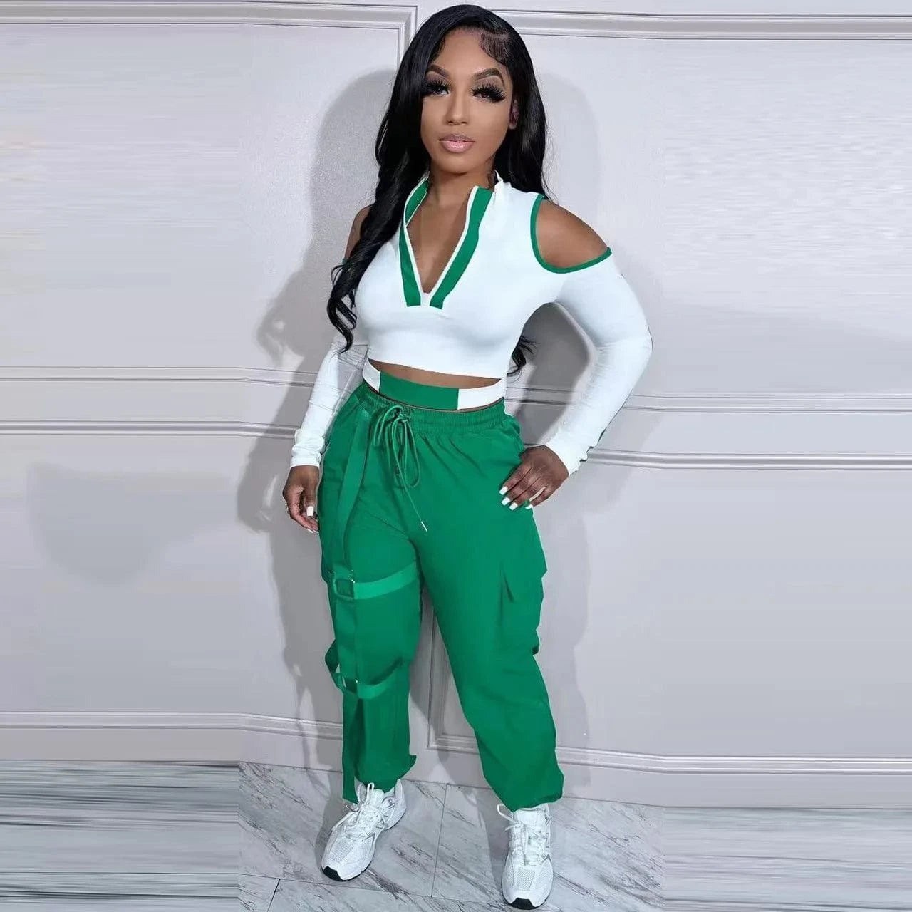 2023 Hot Sale Fall Winter Outfit Women Zip Up Top With Cargo Pants Cold Shoulder Plus Size Cut Out Two Piece Jogging Suit