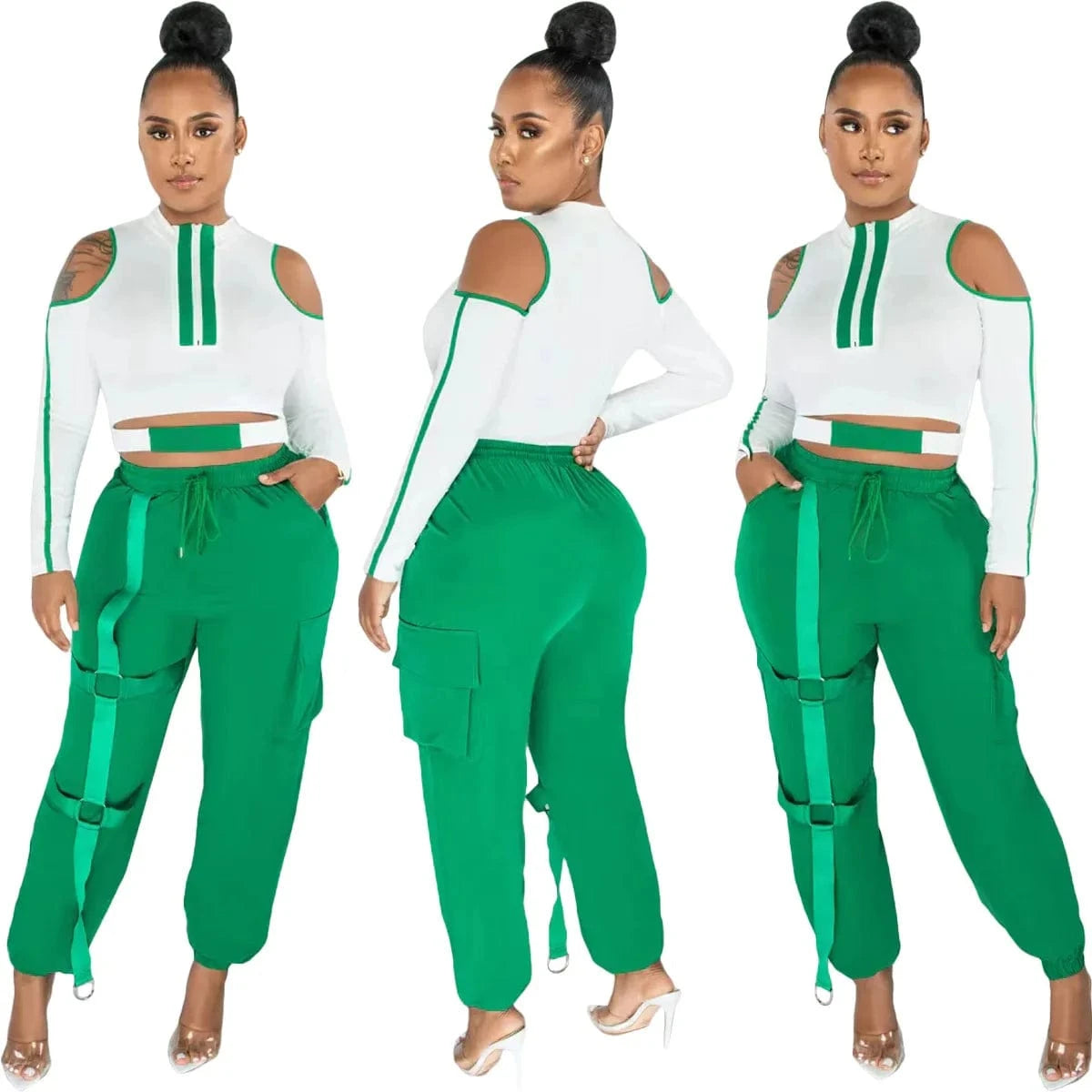 2023 Hot Sale Fall Winter Outfit Women Zip Up Top With Cargo Pants Cold Shoulder Plus Size Cut Out Two Piece Jogging Suit
