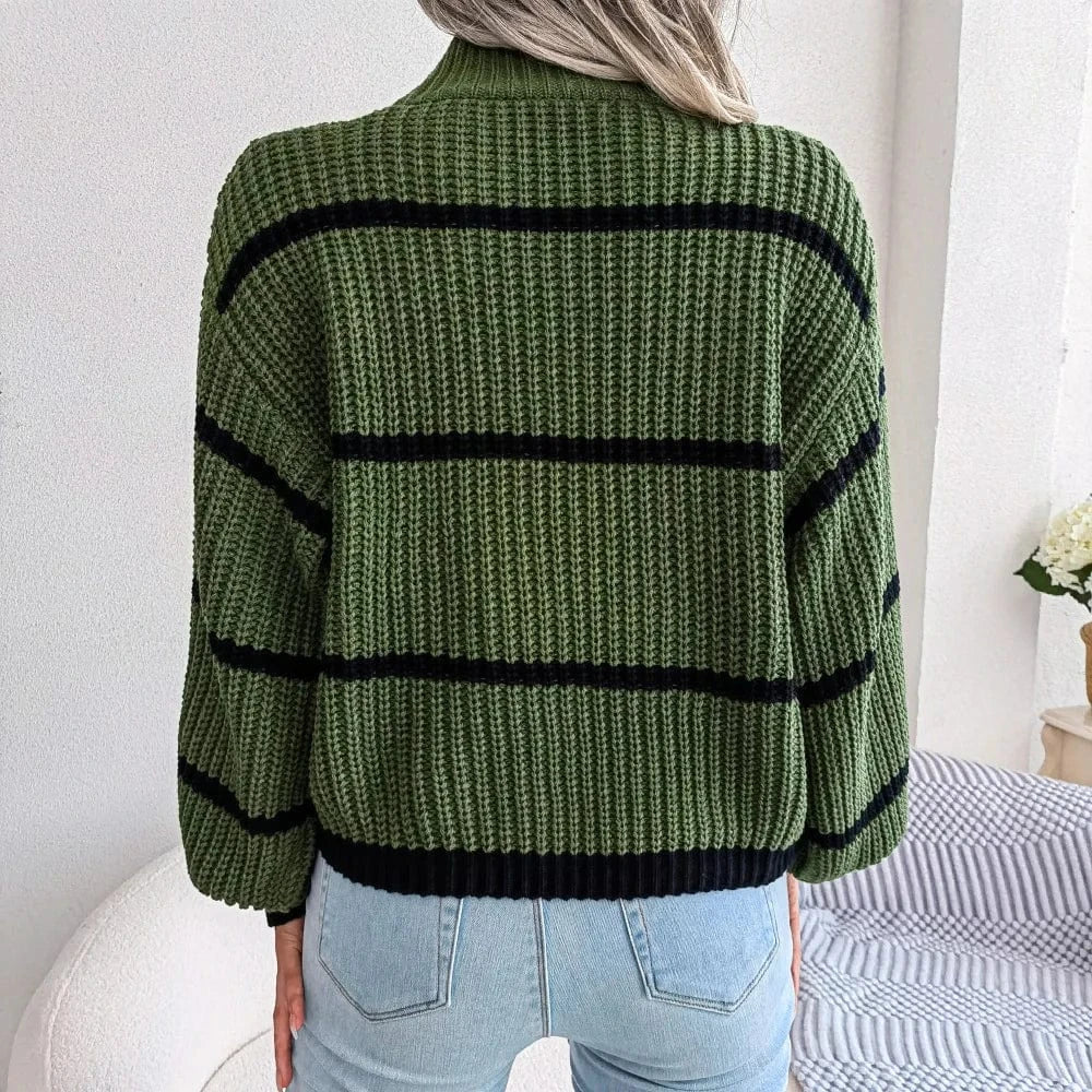 2023 Hot Sale Women Autumn and Winter O-neck Knitting Pullover Sweater Loose Long Puff Sleeve Striped High Collar Casual Sweater