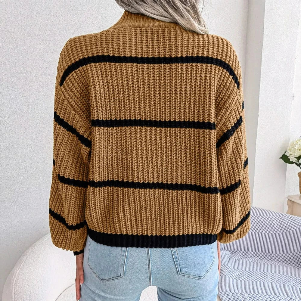 2023 Hot Sale Women Autumn and Winter O-neck Knitting Pullover Sweater Loose Long Puff Sleeve Striped High Collar Casual Sweater