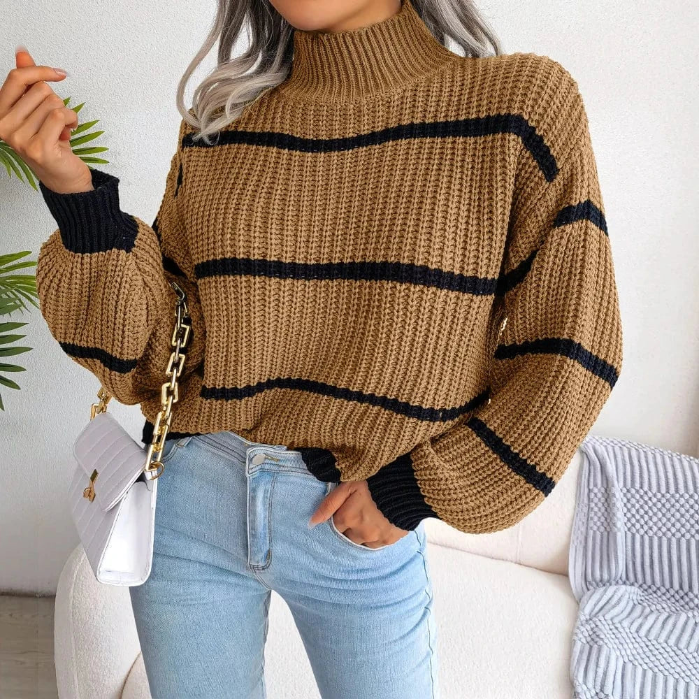 2023 Hot Sale Women Autumn and Winter O-neck Knitting Pullover Sweater Loose Long Puff Sleeve Striped High Collar Casual Sweater