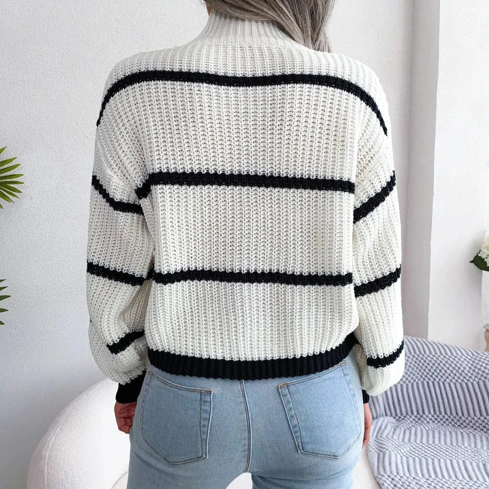 2023 Hot Sale Women Autumn and Winter O-neck Knitting Pullover Sweater Loose Long Puff Sleeve Striped High Collar Casual Sweater