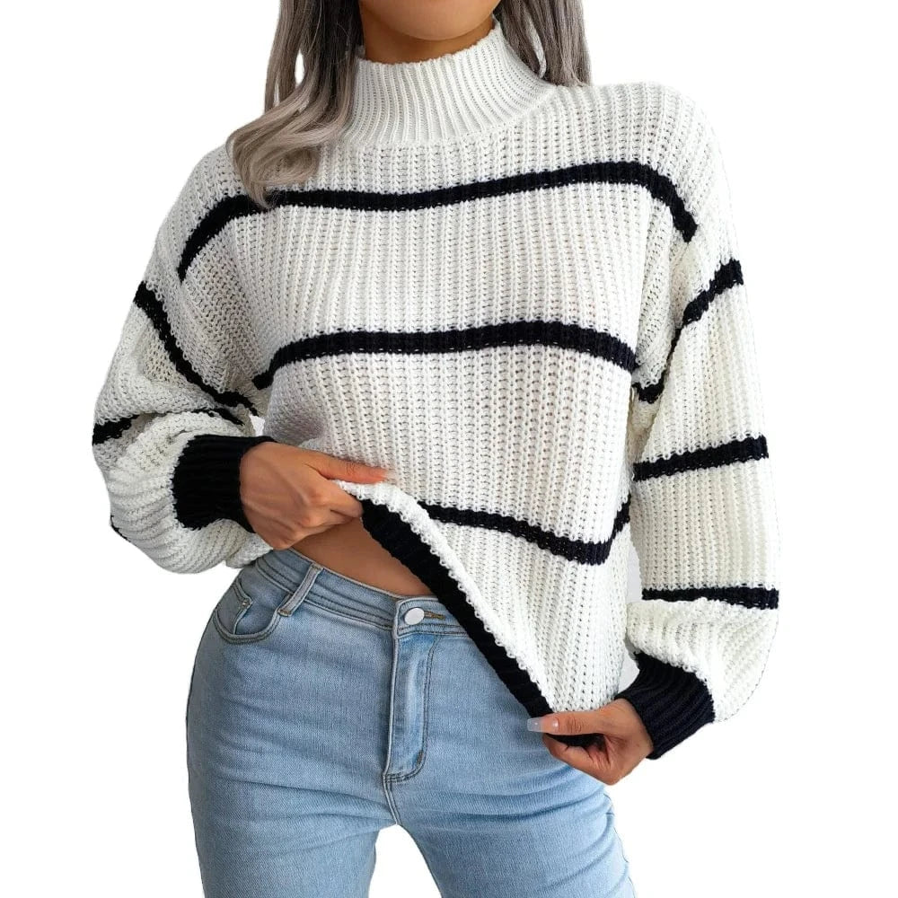 2023 Hot Sale Women Autumn and Winter O-neck Knitting Pullover Sweater Loose Long Puff Sleeve Striped High Collar Casual Sweater