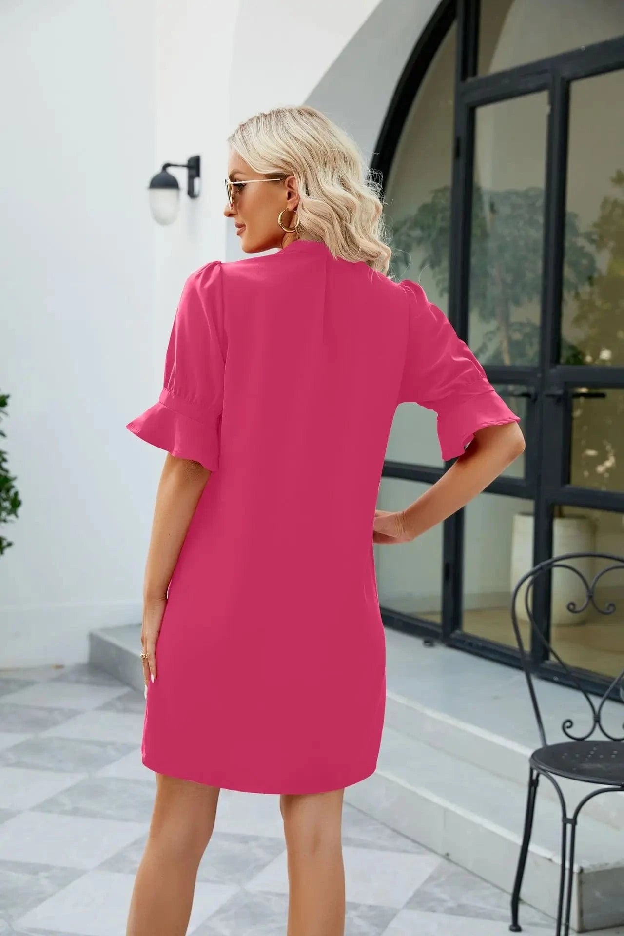 2023 Hot Sale  Women's Summer Solid Color V-Neck Loose Pleated Five-Sleeve Dress Lady's Mid-Waist Casual A-line Dress