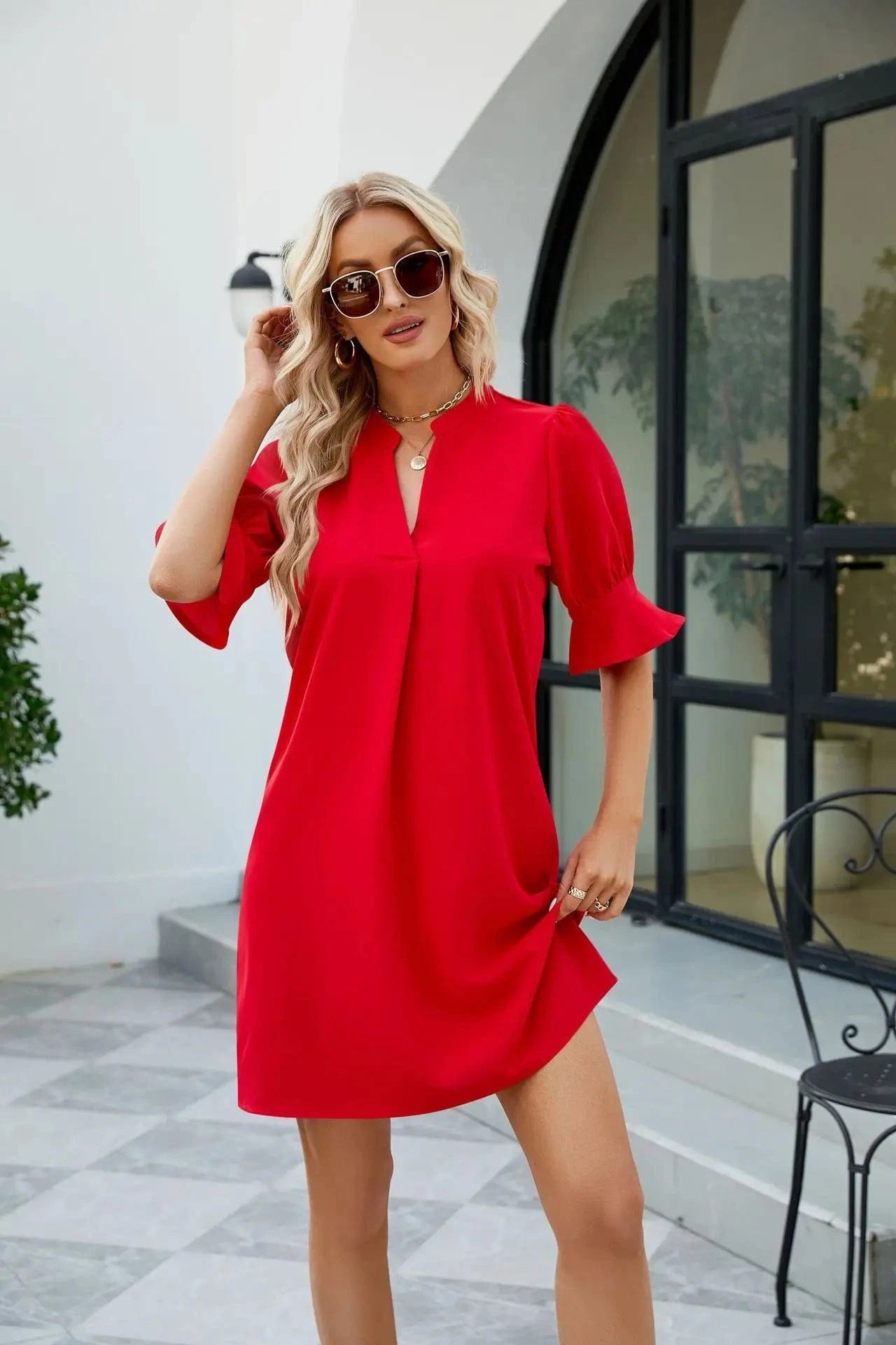 2023 Hot Sale  Women's Summer Solid Color V-Neck Loose Pleated Five-Sleeve Dress Lady's Mid-Waist Casual A-line Dress
