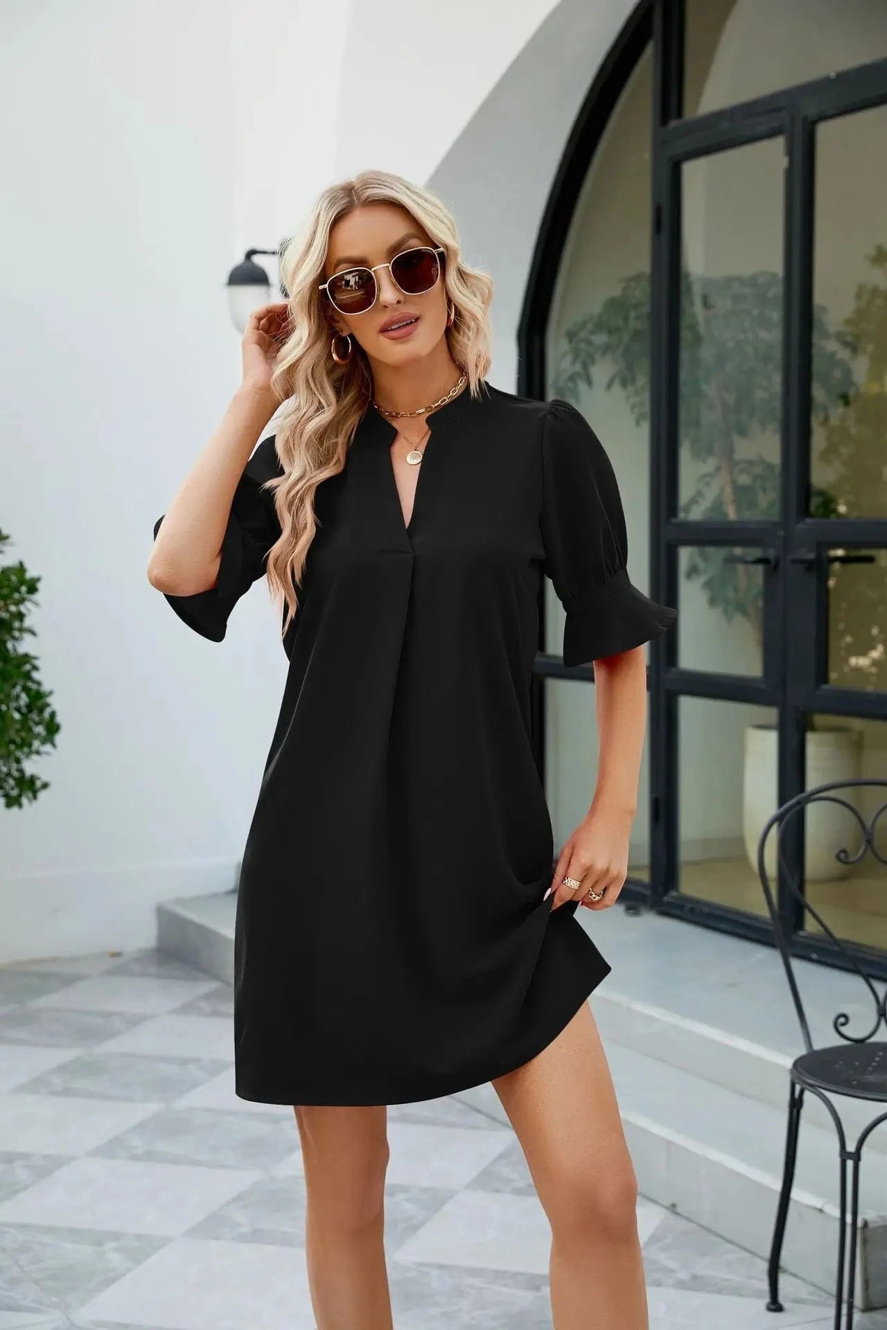 2023 Hot Sale  Women's Summer Solid Color V-Neck Loose Pleated Five-Sleeve Dress Lady's Mid-Waist Casual A-line Dress