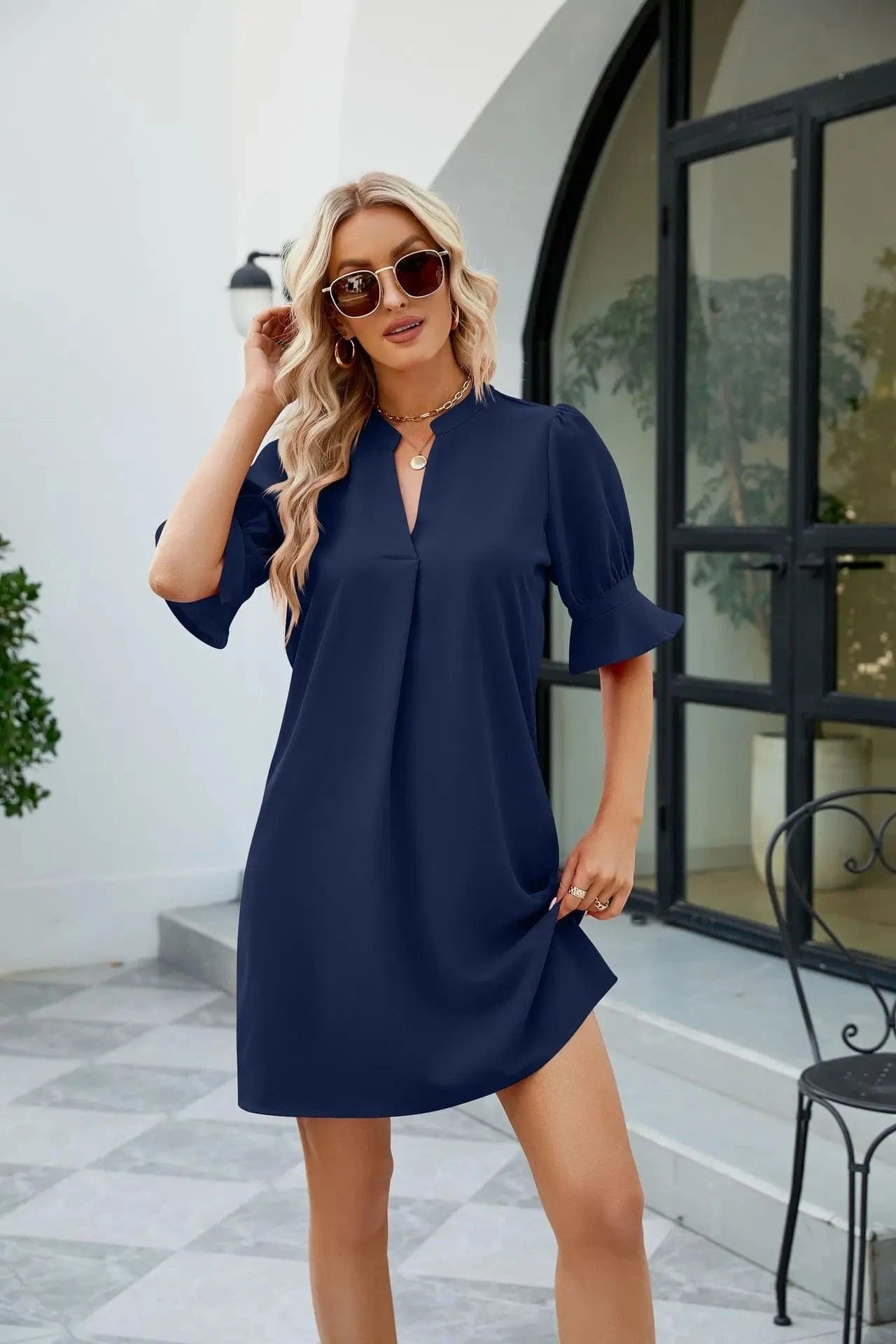 2023 Hot Sale  Women's Summer Solid Color V-Neck Loose Pleated Five-Sleeve Dress Lady's Mid-Waist Casual A-line Dress