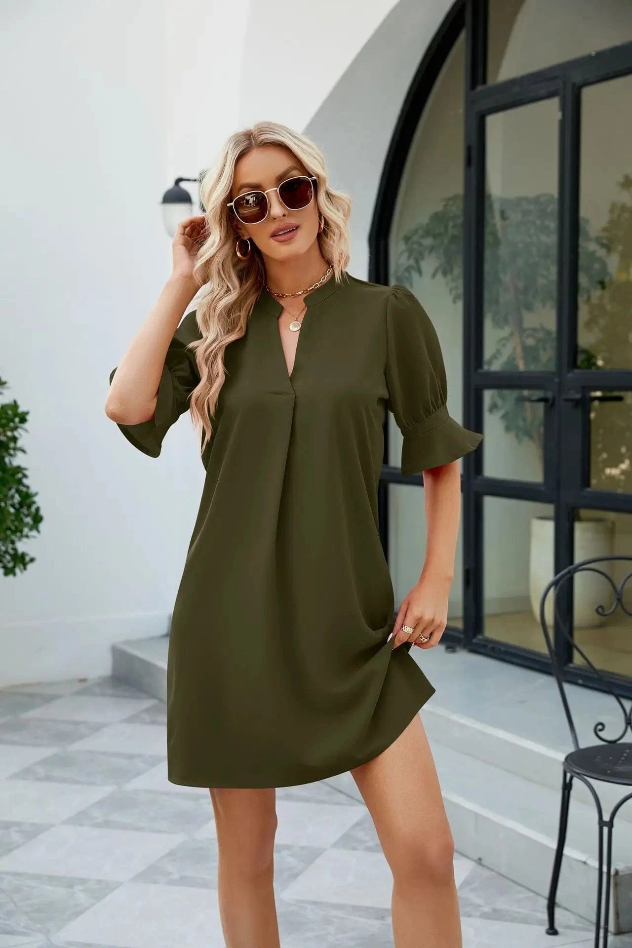 2023 Hot Sale  Women's Summer Solid Color V-Neck Loose Pleated Five-Sleeve Dress Lady's Mid-Waist Casual A-line Dress