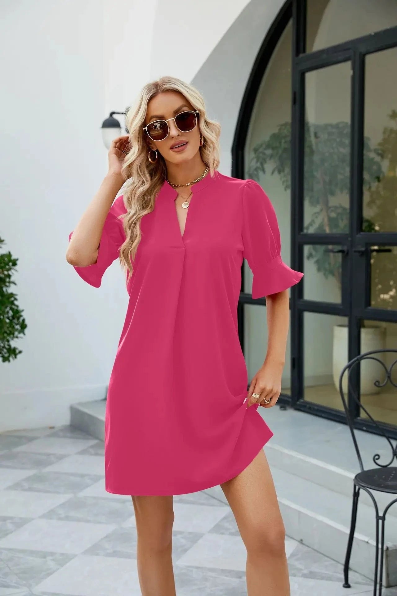 2023 Hot Sale  Women's Summer Solid Color V-Neck Loose Pleated Five-Sleeve Dress Lady's Mid-Waist Casual A-line Dress